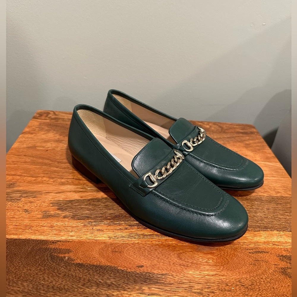 Green leather loafers